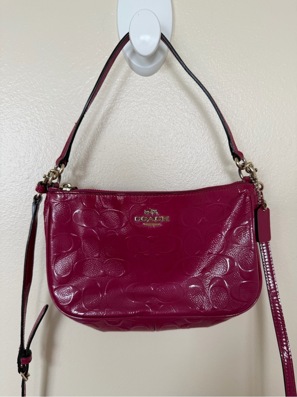 COACH Berry Pink Red Embossed C Patent Leather Shoulder Detachable Crossbody Bag
